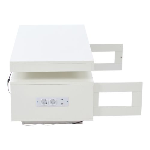 Table Basse Rectangulaire Blanche 100x50x43 Cm Avec LED, Prises Et Rangement