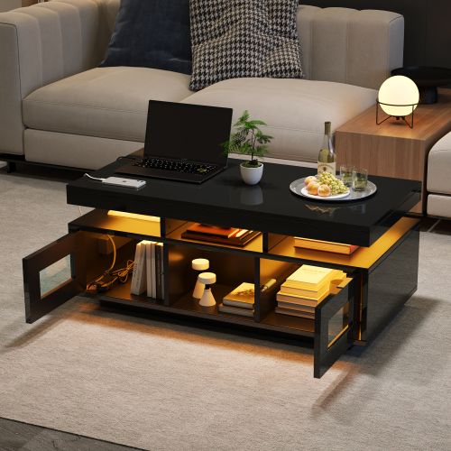 Table Basse Rectangulaire Noire 100x50x43 Cm Avec LED, Prise Et Rangement