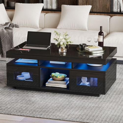 Table Basse Rectangulaire Noire 100x50x43 Cm Avec LED, Prise Et Rangement
