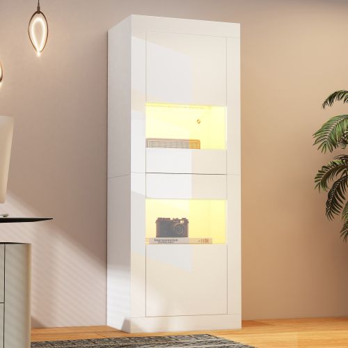 Vitrine Blanche Avec 2 Portes Acryliques, Éclairage LED USB, Étagères Verre Réglables