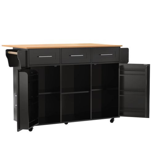 Desserte De Cuisine Avec 3 Tiroirs, Table Rabattable Et Roulettes, En Mdf, Noir Et Naturel