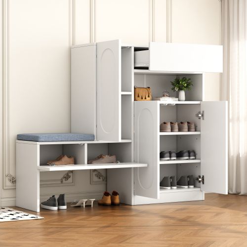 Meuble à Chaussures Avec Assise Rembourrée, Portes Bombées, Blanc