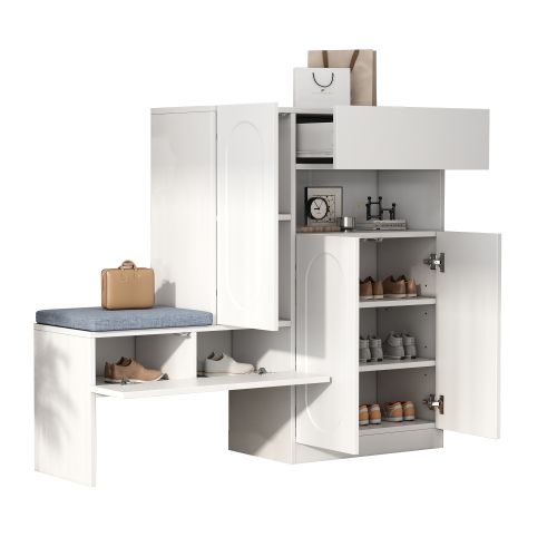Meuble à Chaussures Avec Assise Rembourrée, Portes Bombées, Blanc