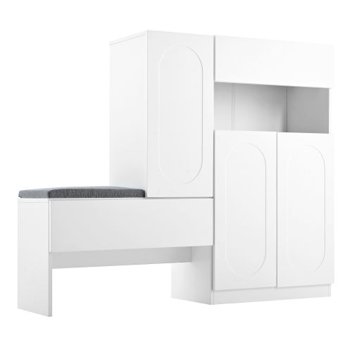Meuble à Chaussures Avec Assise Rembourrée, Portes Bombées, Blanc