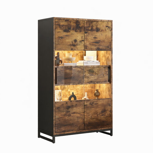 Vitrine Noir Et Effet Bois, 5 Niveaux, 2 Portes En Acrylique, 2 Tiroirs, LED USB