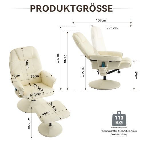 Fauteuil De Relaxation Massant 5 Points, Siège Chauffant, Pivot 360°, Repose-pieds, Beige