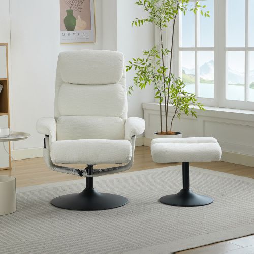 Fauteuil Relax Inclinable, Massage 5 Points, Chauffe-assise, Pivotant 360°, Tissu Chenille, Blanc