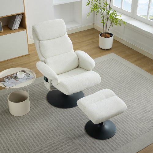 Fauteuil Relax Inclinable, Massage 5 Points, Chauffe-assise, Pivotant 360°, Tissu Chenille, Blanc