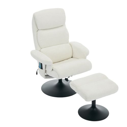 Fauteuil Relax Inclinable, Massage 5 Points, Chauffe-assise, Pivotant 360°, Tissu Chenille, Blanc