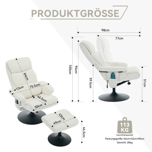 Fauteuil Relax Inclinable, Massage 5 Points, Chauffe-assise, Pivotant 360°, Tissu Chenille, Blanc