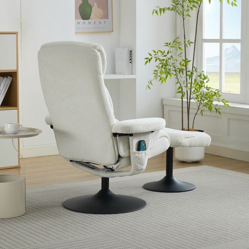 Fauteuil Relax Inclinable, Massage 5 Points, Chauffe-assise, Pivotant 360°, Tissu Chenille, Blanc