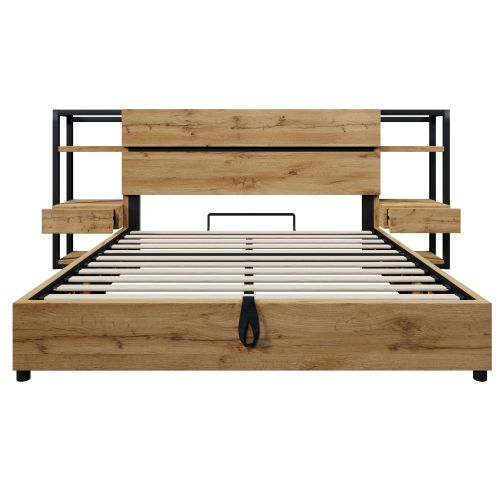 Lit Coffre 160x200 Cm, Lit Double, Lit Avec Rangement, Tête De Lit De Rangement Et Ports USB, Chêne