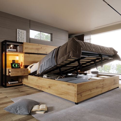 Lit Coffre 180x200 Cm, Lit Double, Lit Avec Rangement, Tête De Lit De Rangement Et Ports USB, Chêne