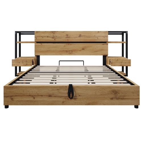 Lit Coffre 180x200 Cm, Lit Double, Lit Avec Rangement, Tête De Lit De Rangement Et Ports USB, Chêne