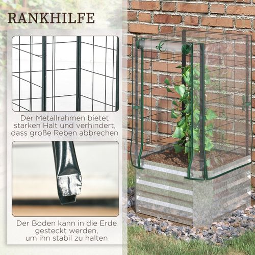 Carré Potager Surélevé 3-en-1 Avec Mini Serre Et Treillis 53x53x90 Cm, Acier Argent