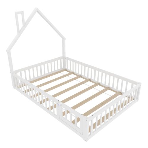 Lit Cabane Enfant 140x190 Cm En Forme De Cheminée, Avec Sommier à Lattes, En Bois, Blanc