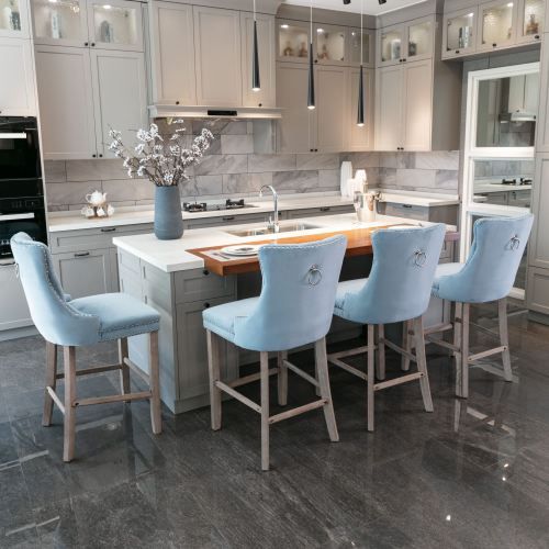 Lot De 2 Tabouret De Bar En Velours, Dossier Haut Capitonné, Pieds Bois, Bleu Clair