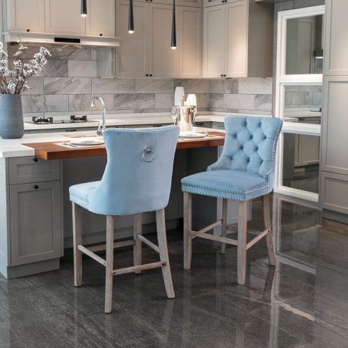 Lot De 2 Tabouret De Bar En Velours, Dossier Haut Capitonné, Pieds Bois, Bleu Clair