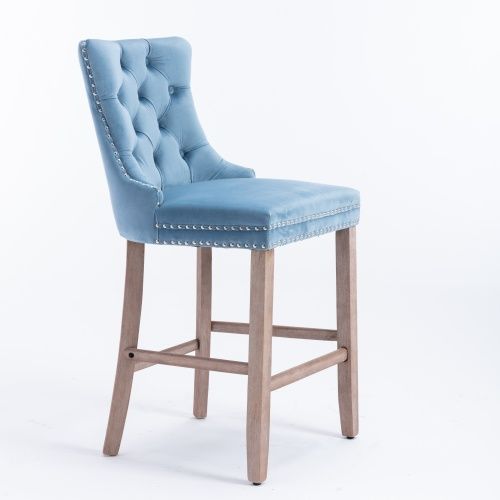 Lot De 2 Tabouret De Bar En Velours, Dossier Haut Capitonné, Pieds Bois, Bleu Clair