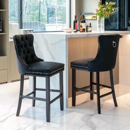 Tabouret De Bar Rembourré En Velours, Dossier Haut Capitonné, Pieds Bois, Noir