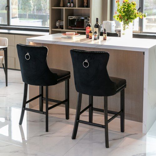 Tabouret De Bar Rembourré En Velours, Dossier Haut Capitonné, Pieds Bois, Noir