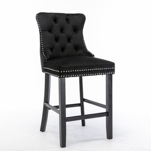 Tabouret De Bar Rembourré En Velours, Dossier Haut Capitonné, Pieds Bois, Noir