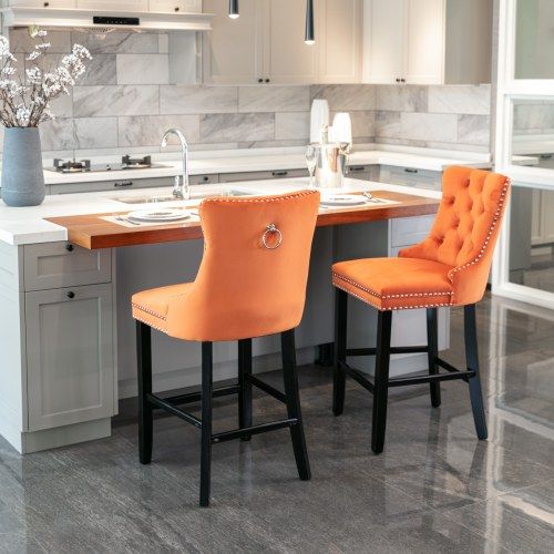 Lot De 2 Tabourets De Bar En Velours, Dossier Haut, Pieds En Bois, Orange