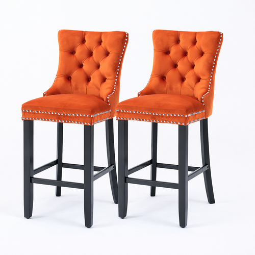 Lot De 2 Tabourets De Bar En Velours, Dossier Haut, Pieds En Bois, Orange