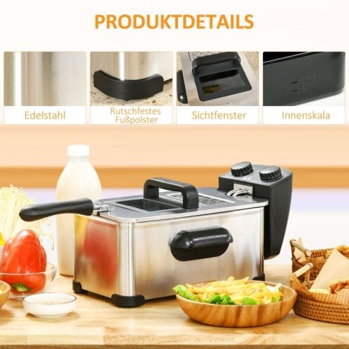 Friteuse 3 L Avec Thermostat Réglable, Bac à Huile Amovible, Minuterie, 2000 W, Acier Inoxydable