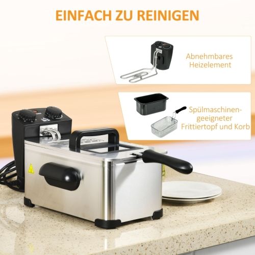 Friteuse 3 L Avec Thermostat Réglable, Bac à Huile Amovible, Minuterie, 2000 W, Acier Inoxydable