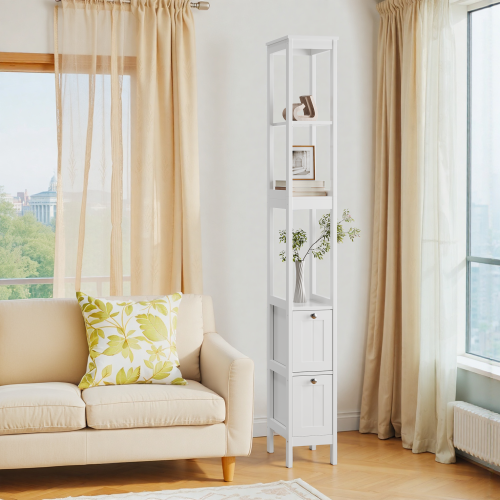 Colonne De Salle De Bain Étroite Pour Salle De Bain Avec 2 Tiroirs Et 3 Étagères, Blanc