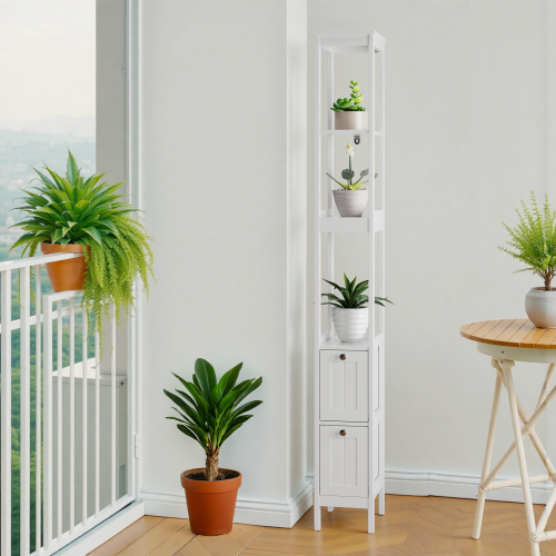 Colonne De Salle De Bain Étroite Pour Salle De Bain Avec 2 Tiroirs Et 3 Étagères, Blanc