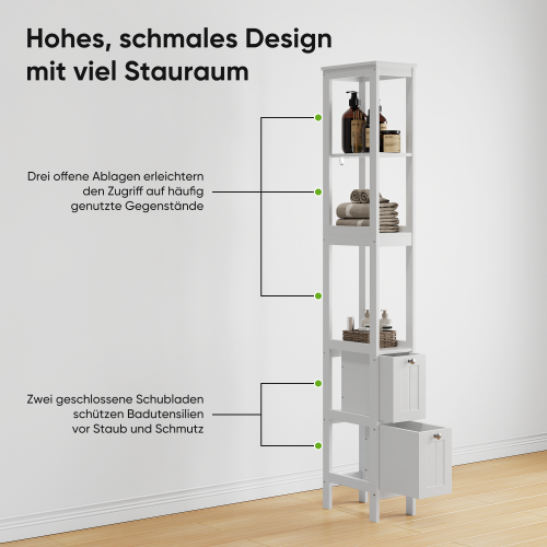 Colonne De Salle De Bain Étroite Pour Salle De Bain Avec 2 Tiroirs Et 3 Étagères, Blanc
