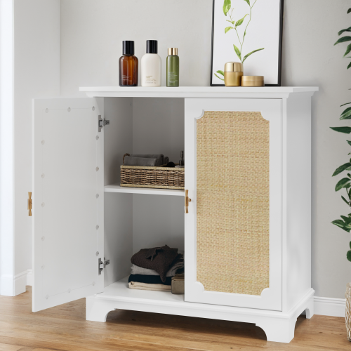 Buffet De Salon Avec Portes En Rotin Blanc 80 X 38 X 86 Cm, Pieds En Bois
