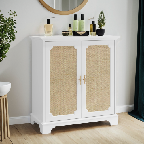 Buffet De Salon Avec Portes En Rotin Blanc 80 X 38 X 86 Cm, Pieds En Bois