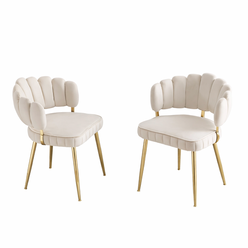 Lot De 2 Chaises De Salle à Manger En Velours, Dossier En Forme De Pétale, Pieds Métal, Ivoire