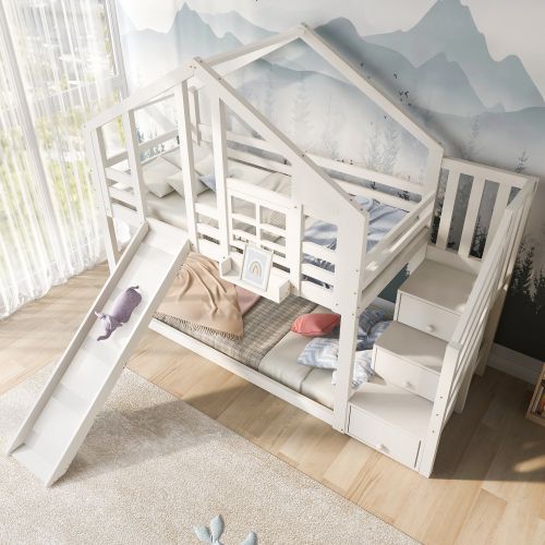 Lit Superposé 90x200 Cm, Lit Cabane Enfant, Avec Toboggan Et Rangements, En Bois, Blanc