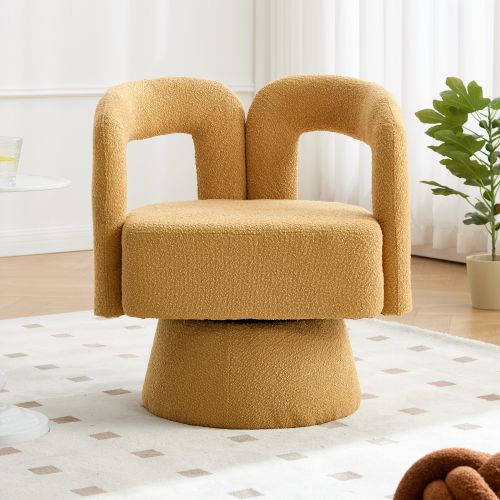 Fauteuil Pivotant Design En Bouclé, Assise Rembourrée, Pivot 360°, Moutarde