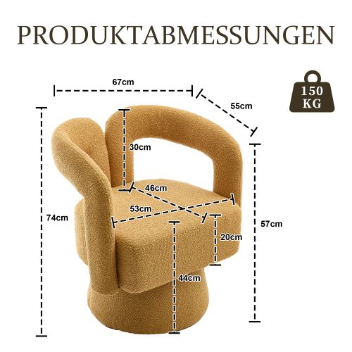 Fauteuil Pivotant Design En Bouclé, Assise Rembourrée, Pivot 360°, Moutarde