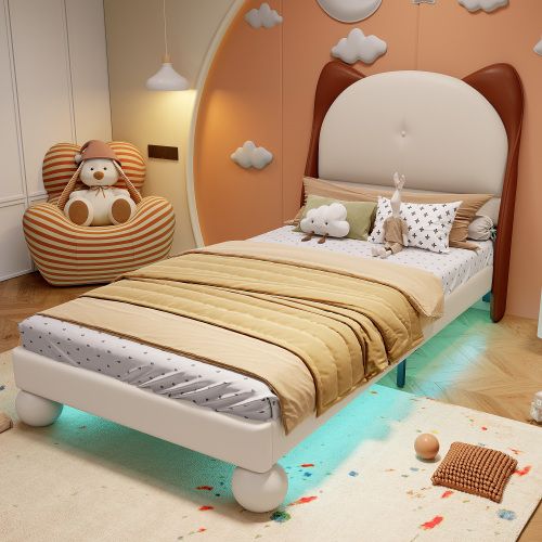 Lit Enfant 90x200 Cm, Tête De Lit Oreilles De Chat Et LED Sous-lit, En Pu, Beige Et Brun