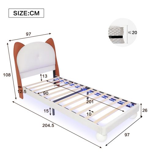 Lit Enfant 90x200 Cm, Tête De Lit Oreilles De Chat Et LED Sous-lit, En Pu, Beige Et Brun