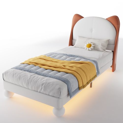 Lit Enfant 90x200 Cm, Tête De Lit Oreilles De Chat Et LED Sous-lit, En Pu, Beige Et Brun