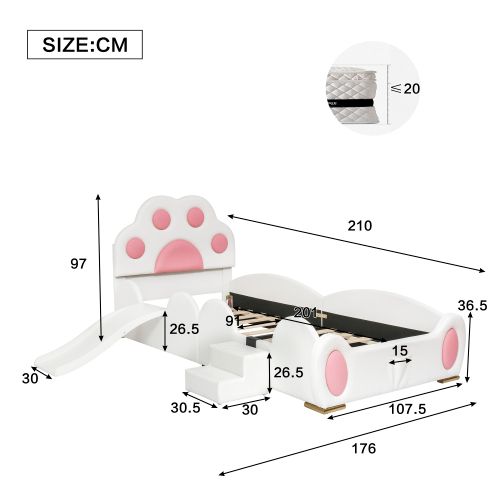 Lit Enfant 90x200 Cm Avec Lattes Et Toboggan, Tête De Lit En Patte De Chat, En Pu Rose Et Blanc