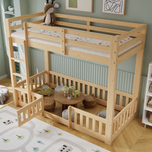 Lit Superposé 90x200 Cm, Pas De Lattes Sur Le Lit Inférieur Et Barrières De Sécurité, En Bois, Bois