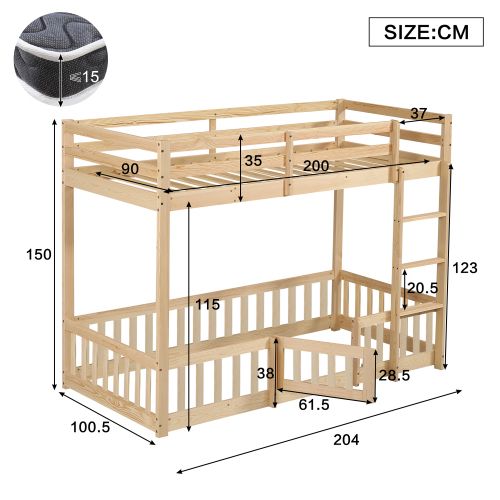 Lit Superposé 90x200 Cm, Pas De Lattes Sur Le Lit Inférieur Et Barrières De Sécurité, En Bois, Bois