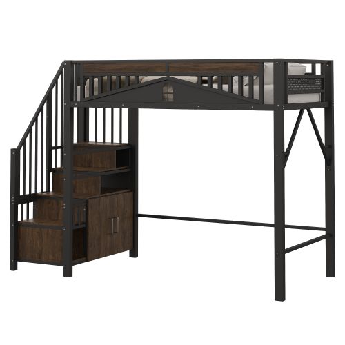 Lit Mezzanine 90x200 Cm En Métal, Avec Rangements Intégrés Et Échelle Sécurisée, Noir