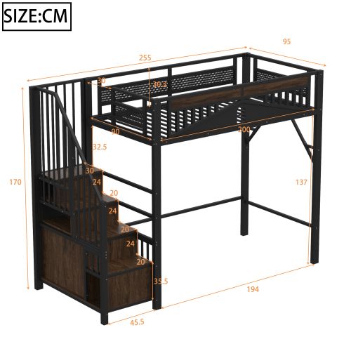 Lit Mezzanine 90x200 Cm En Métal, Avec Rangements Intégrés Et Échelle Sécurisée, Noir