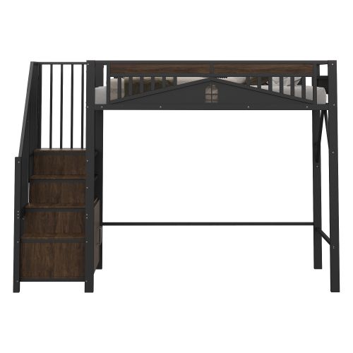 Lit Mezzanine 90x200 Cm En Métal, Avec Rangements Intégrés Et Échelle Sécurisée, Noir