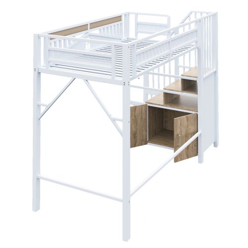 Lit Mezzanine 90x200 Cm En Métal, Rangement Dans Les Marches, Garde-corps Fenêtre, Blanc