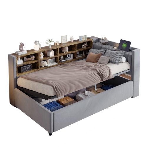 Lit Coffre 90x200 Cm, Tête De Lit, Éclairage Et Ports USB Et Type-c, En Velours, Gris